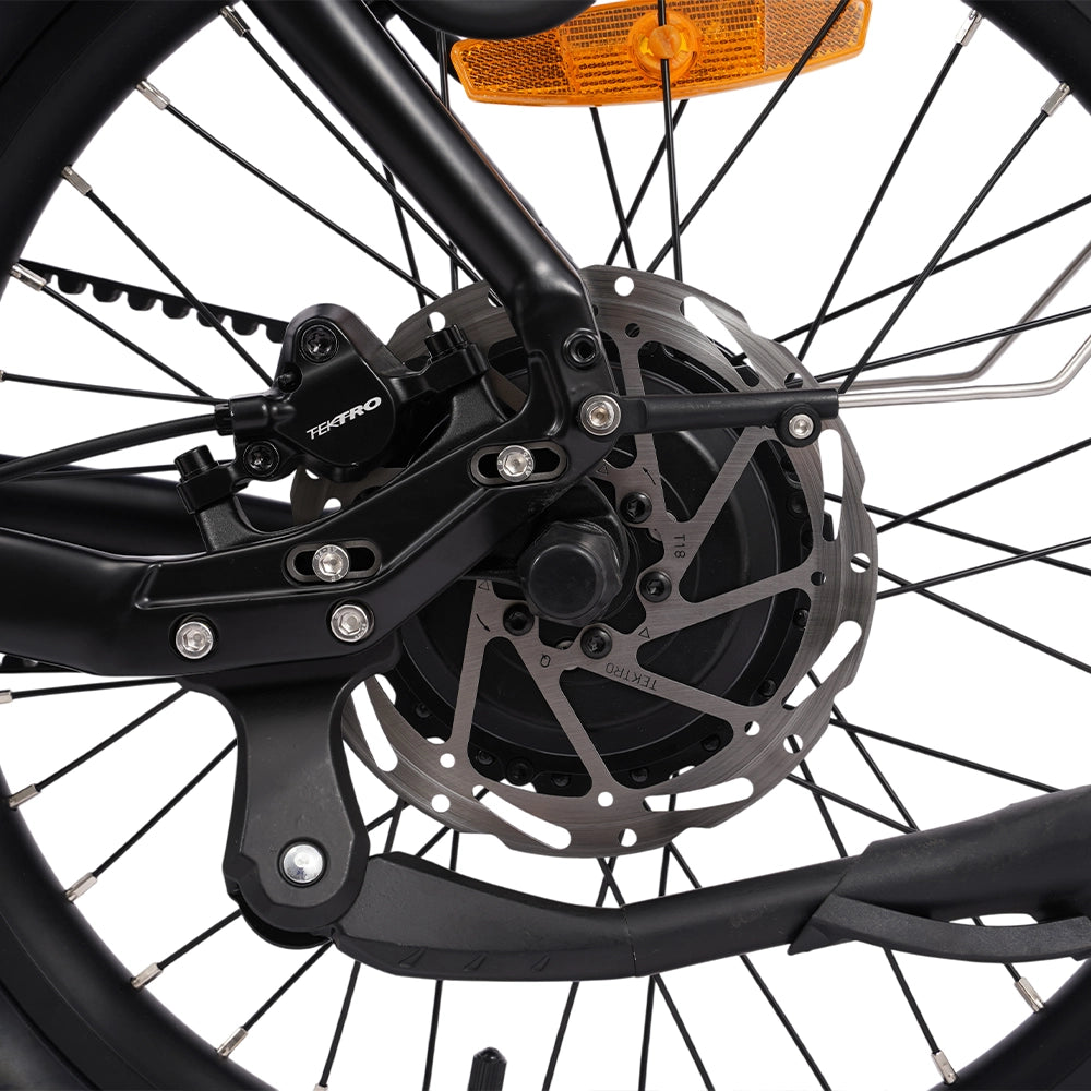 Hygge Herlev Auto E-Bike rear wheel detail with Tektro hydraulic disc brakes and Gates belt drive system