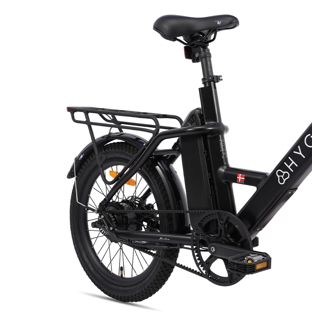 Hygge Herlev Auto E-Bike rear frame detail with integrated Samsung battery, rear rack and Gates carbon belt drive