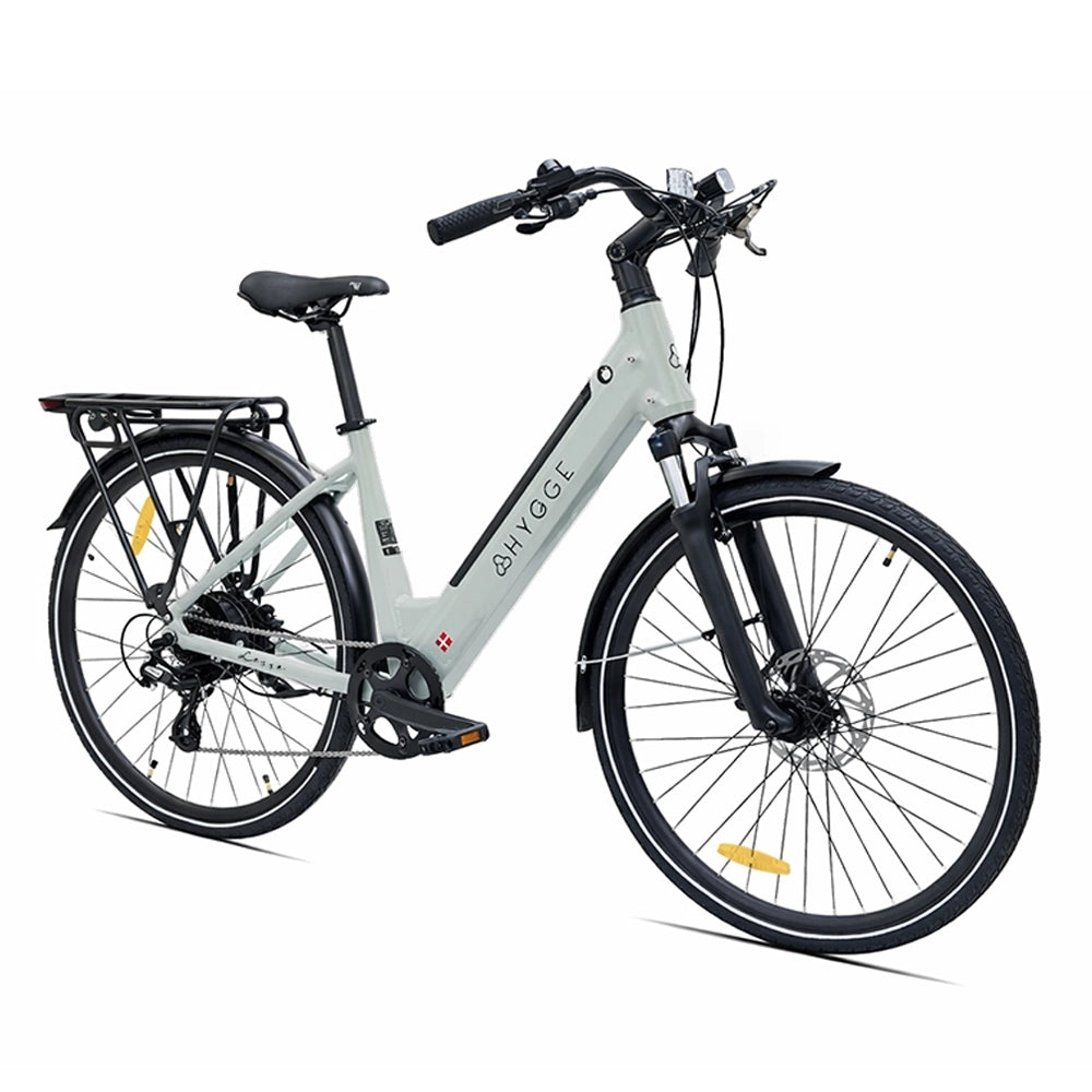 Hygge Losso Step-Through Commuter E-Bike with front suspension fork, step-through frame and comfortable city commuting design