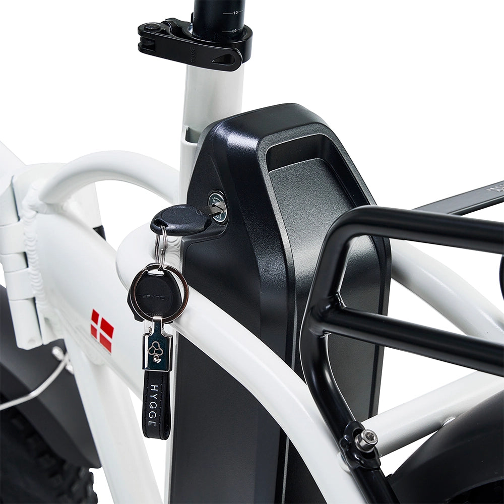 Hygge Vester Fat Tyre E-Bike integrated Samsung battery with secure key lock system and folding frame design