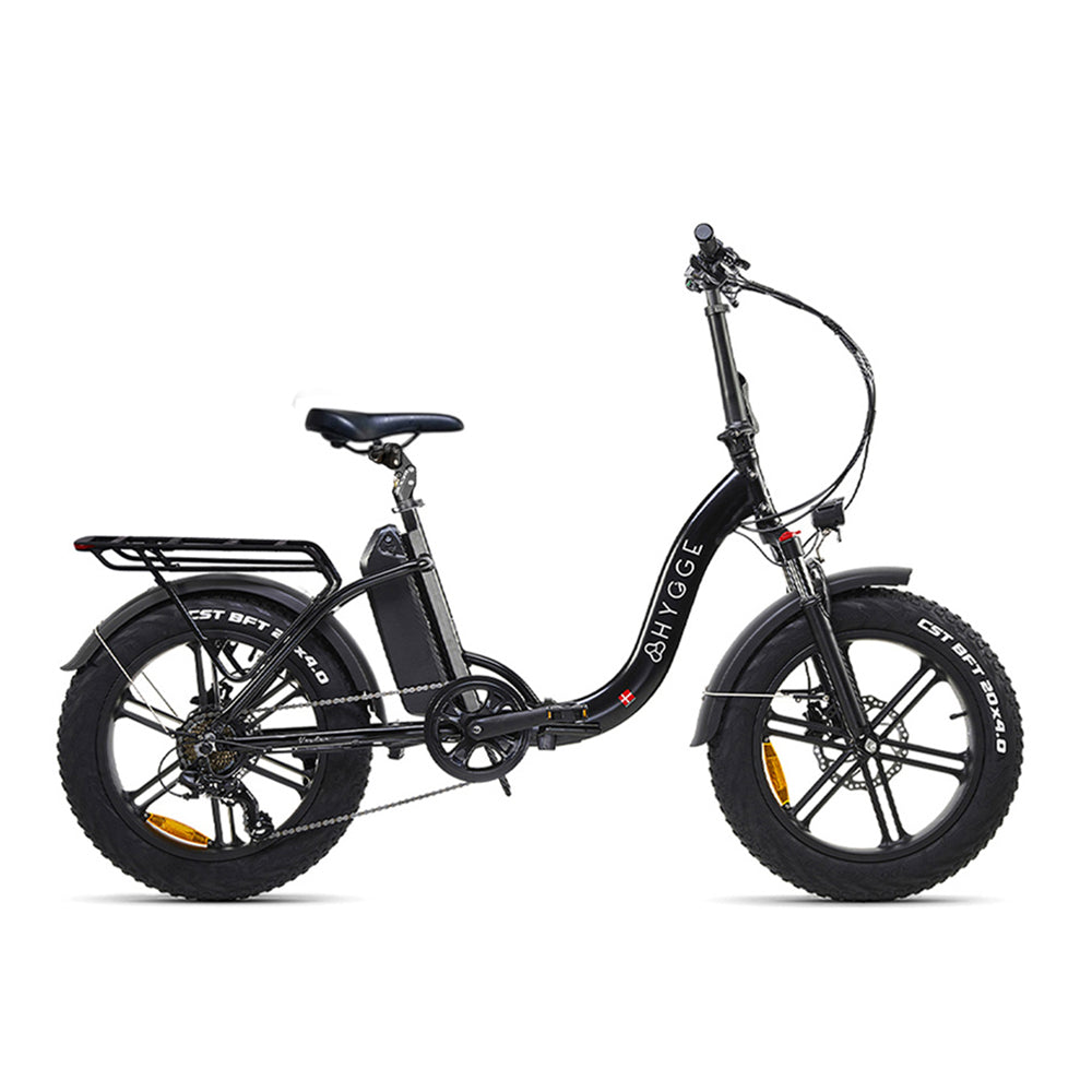 Hygge Vester Step Folding E-Bike built for all-terrain riding with 20-inch fat tyres, suspension seat post, Shimano 7-speed gearing and step-through comfort