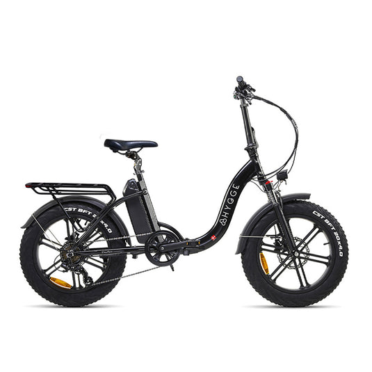 Hygge Vester Step Folding E-Bike built for all-terrain riding with 20-inch fat tyres, suspension seat post, Shimano 7-speed gearing and step-through comfort