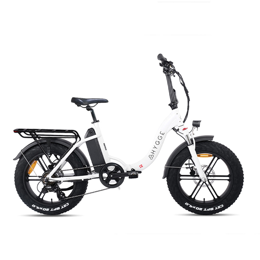 Hygge Vester Step Folding E-Bike built for all-terrain riding with 20-inch fat tyres, Shimano 7-speed gearing and step-through comfort