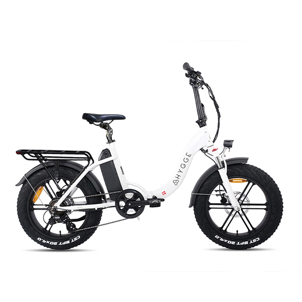 Hygge Vester Step Folding E-Bike built for all-terrain riding with 20-inch fat tyres, suspension seat post, Shimano 7-speed gearing and step-through comfort